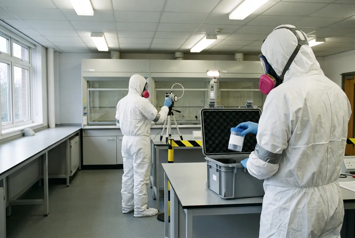 Two specialists in a university laboratory, one placing a sealed sample container into a transport box and one setting up an air sampling pump