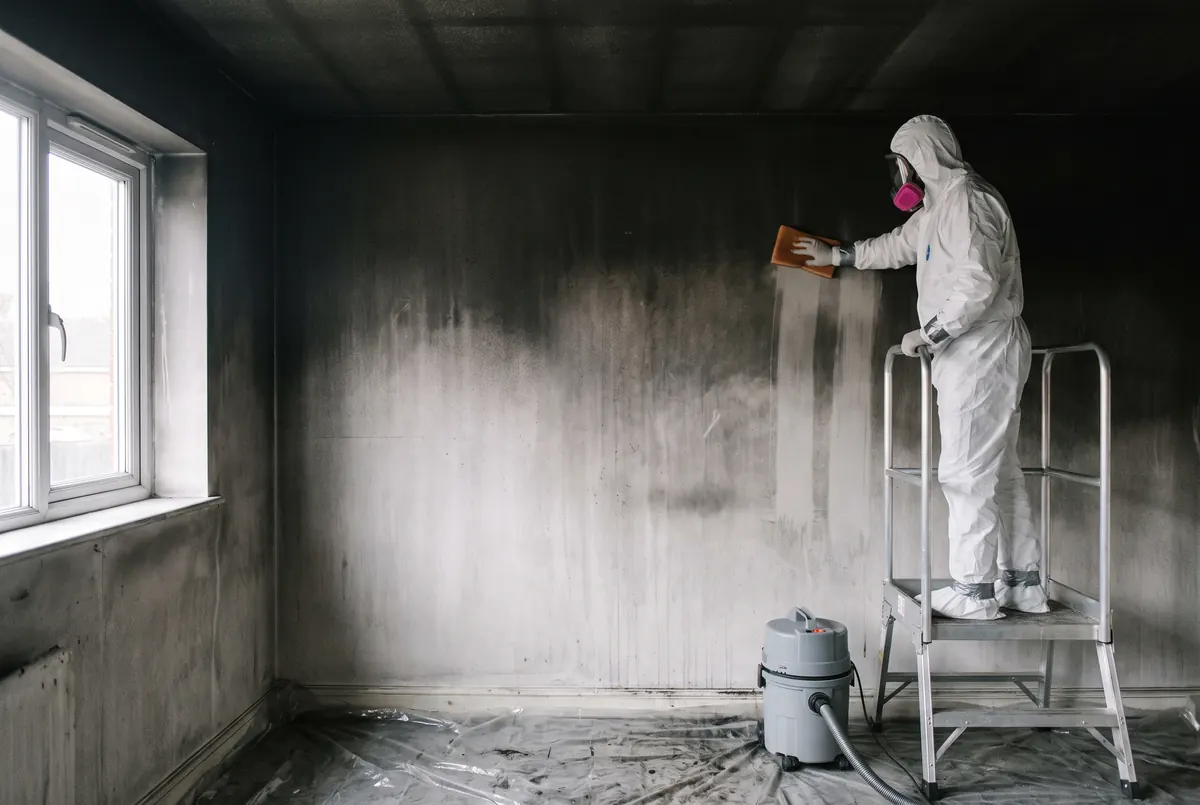 A specialist in protective equipment cleaning soot from the wall of a fire-damaged room with a dry soot sponge