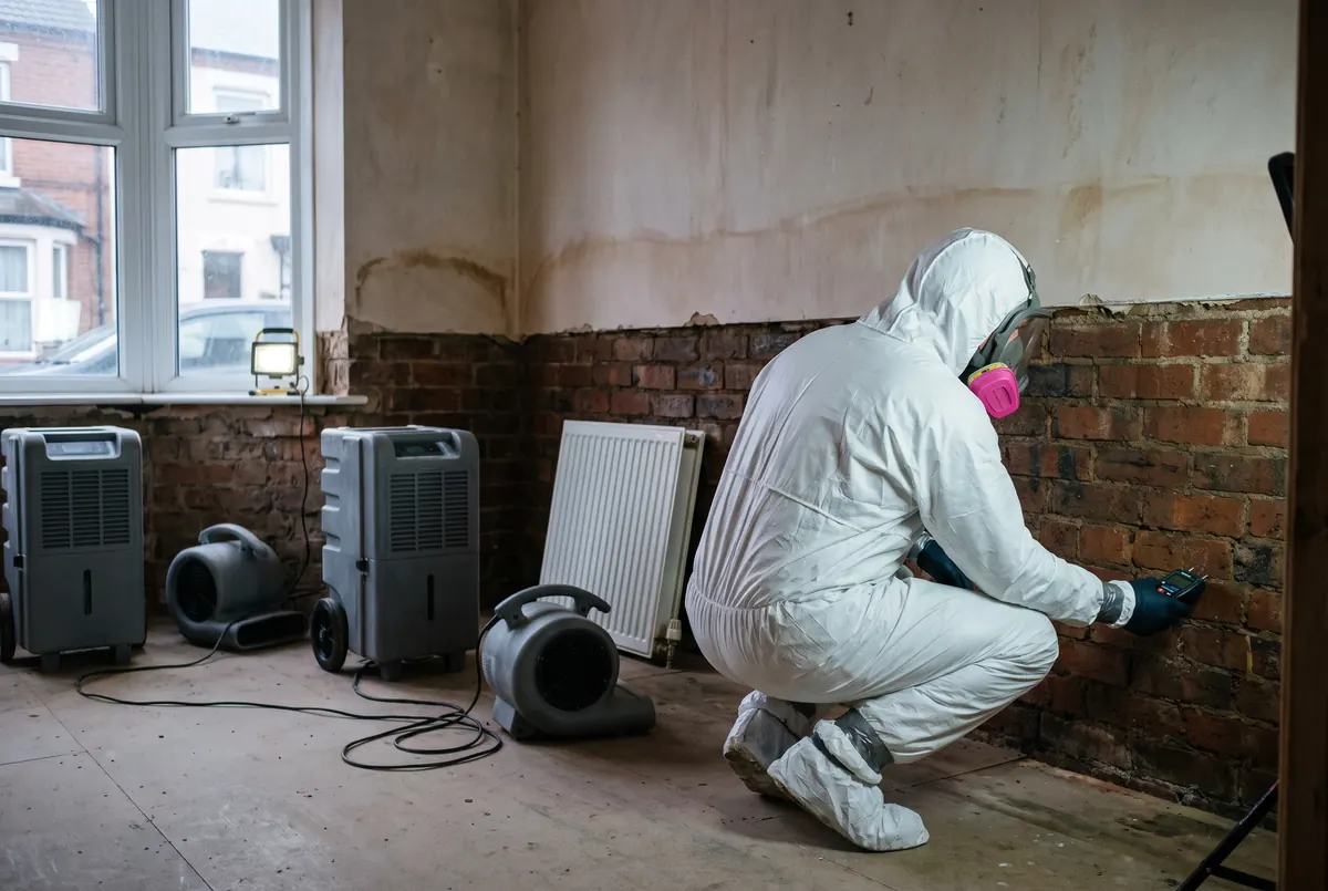 A specialist taking a moisture meter reading at the base of a flood-damaged wall, with dehumidifiers and air movers running