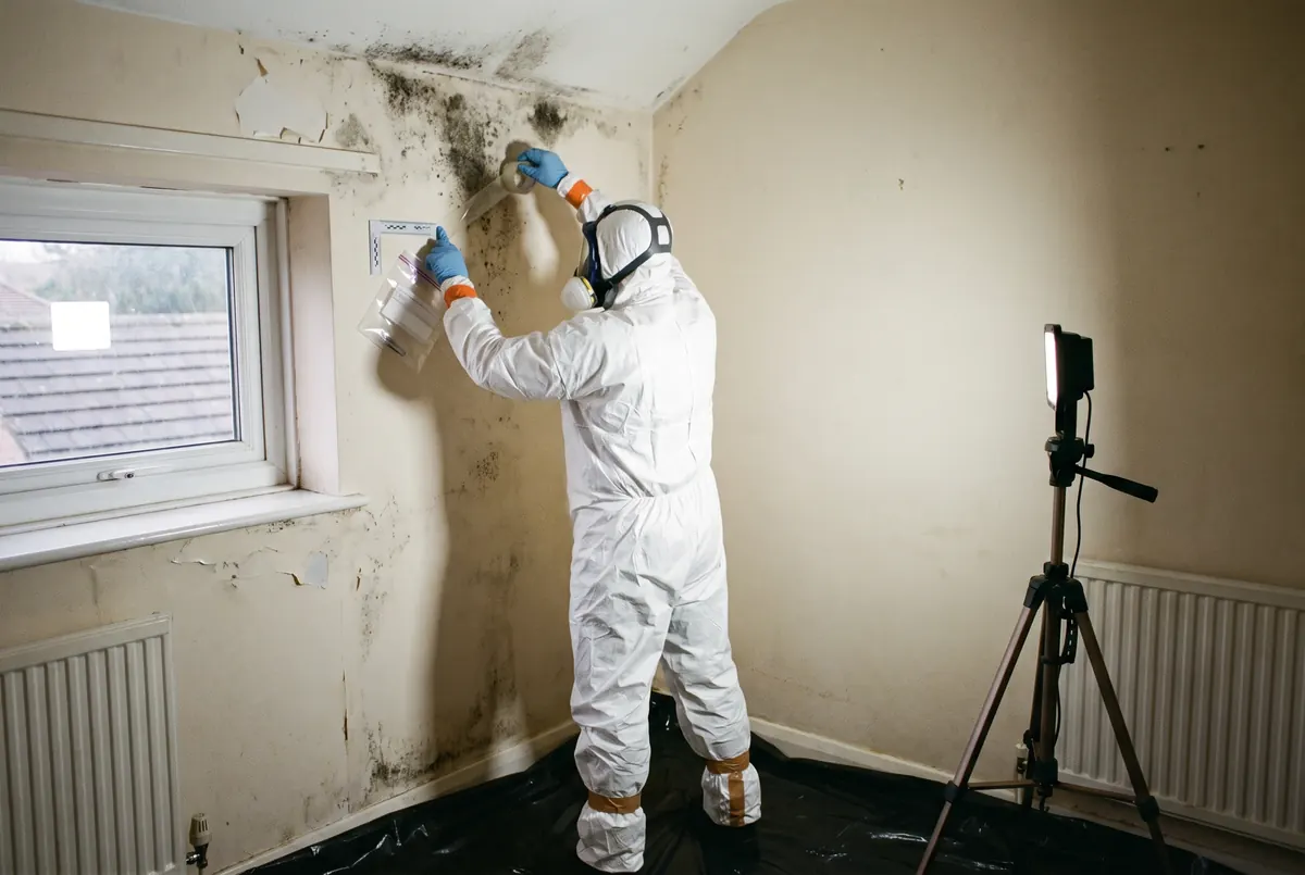 A specialist in protective equipment taking a sample from black mould growth in the corner of a bedroom ceiling