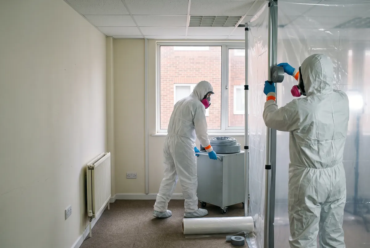 Two specialists building a polythene containment area on floor-to-ceiling poles inside a building